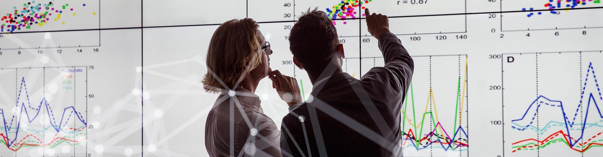 Two researchers reviewing visualization data